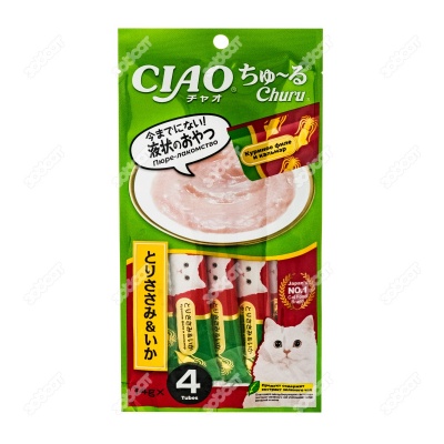 INABA Ciao Churu пюре из курицы и кальмара для кошек, 4 шт. по 14 г.